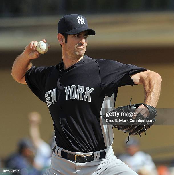 Mark Prior of the New York Yankees pitches against the Detroit Tigers during the spring training game at Joker Marchant Stadium on February 28, 2011...