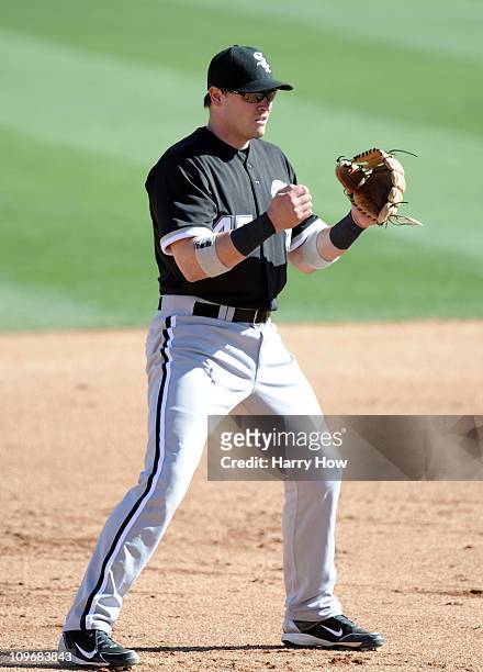 Dallas McPherson of the Chicago White Sox plays third base against the Los Angeles Dodgers during spring training at Camelback Ranch on February 28,...