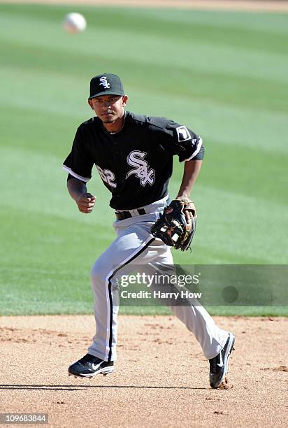 Dallas McPherson of the Chicago White Sox plays third base against the Los Angeles Dodgers during spring training at Camelback Ranch on February 28,...