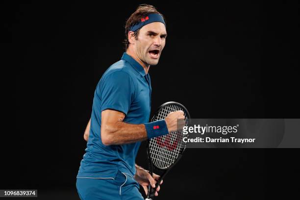 Roger Federer of Switzerland reacts in his fourth round match against Stefanos Tsitsipas of Greece during day seven of the 2019 Australian Open at...