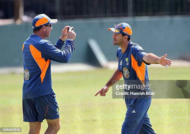 Ricky Ponting is filmed by coach Tim Nielsen during an Australian nets session at Sinhalese Sports Club on March 1, 2011 in Colombo, Sri Lanka.