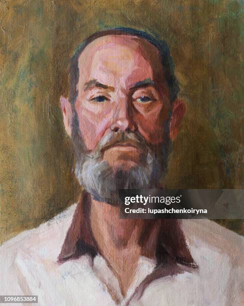 stockillustraties, clipart, cartoons en iconen met modieuze illustratie moderne kunst werken mijn origineel olieverfschilderij op doek impressionisme verticale portret van een oudere man met een baard in een wit overhemd met een zwarte kraag - alternatieve therapie