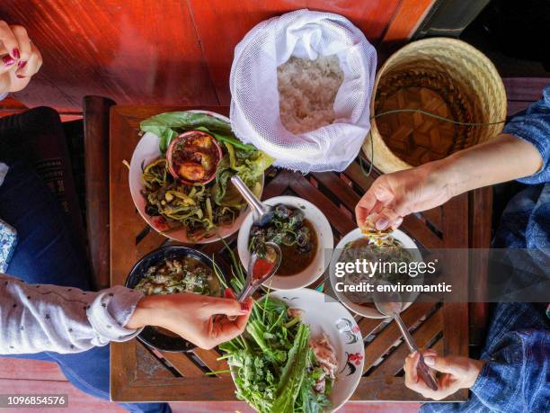 two thai women traditionally eating a selection of freshly cooked northern thai food of vegetables, soups and curries served in dishes on a wooden table, along with sticky rice, which is a food staple in northern and northeast thailand. - chiang mai stock pictures, royalty-free photos & images