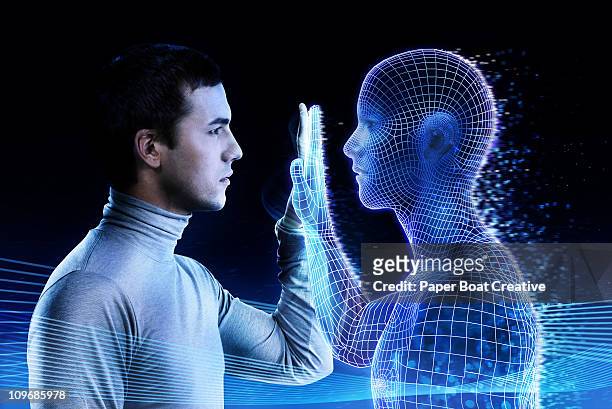 man looking at a computer generated mirror image - 3d human model stockfoto's en -beelden