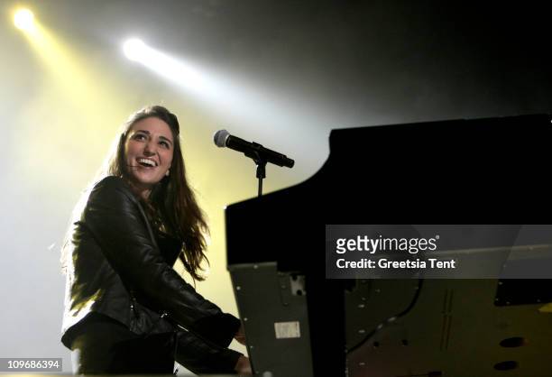 Sara Bareilles performs live as support act for Maroon 5 at Heineken Music Hall on February 28, 2011 in Amsterdam, Netherlands.