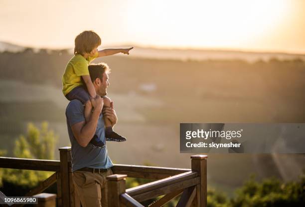 daddy, look over there! - carrying on shoulders stock pictures, royalty-free photos & images