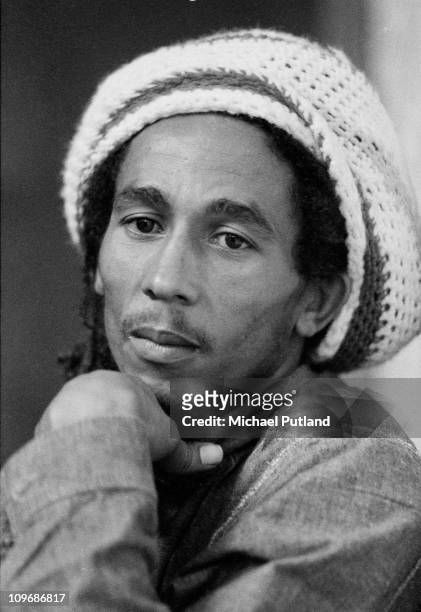 Jamaican reggae singer-songwriter and musician Bob Marley at the offices of Island Records, London, 24th July 1975.