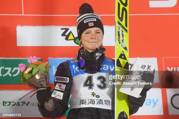 Maren Lundby of Norway poses on the podium during day two of the FIS Ski Jumping World Cup Ladies Zao at Kuraray Zao Schanze on January 20, 2019 in...