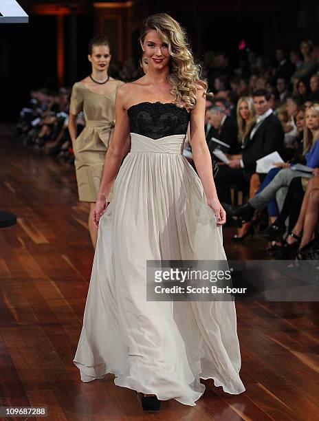 Model Jennifer Hawkins showcases designs by Matthew Eager on the catwalk during the Myer Autumn/Winter Season Launch 2011 Show at The Royal...