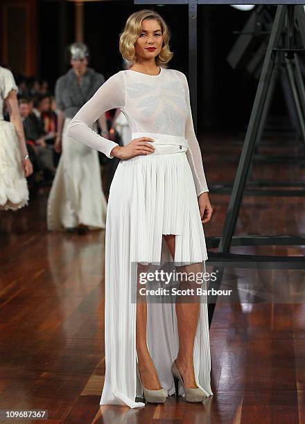 Model Jessica Hart wears Magdalena Veleveska during the Finale on the catwalk during the Myer Autumn/Winter Season Launch 2011 Show at The Royal...