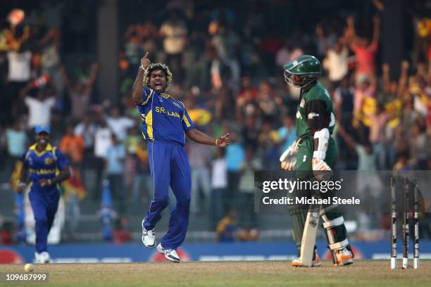Lasith Malinga of Sri Lankla celebrates bowling Shem Ngoche during the Kenya v Sri Lanka 2011 ICC World Cup Group A match at the R. Premadasa Stadium...