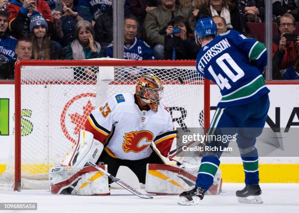 Elias Pettersson of the Vancouver Canucks shoots the puck past goalie David Rittich of the Calgary Flames during the shootout in NHL action on...