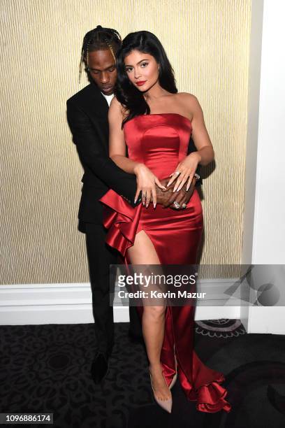 Travis Scott and Kylie Jenner pose during the Pre-GRAMMY Gala and GRAMMY Salute to Industry Icons Honoring Clarence Avant at The Beverly Hilton Hotel...