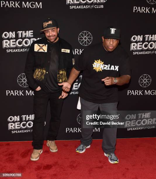 Scribble and DJ Premier arrive at the grand opening celebration at On The Record Speakeasy and Club at Park MGM on January 19, 2019 in Las Vegas,...