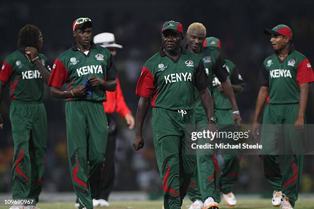 Steve Tikolo of Kenya walks from the field after his sides nine wicket defeat during the Kenya v Sri Lanka 2011 ICC World Cup Group A match at the R....