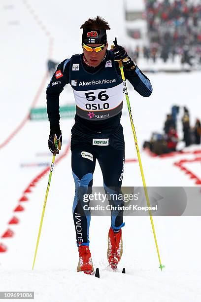 Ville Nousiainen of Finland competes in the Men's Cross Country 15km Classic race during the FIS Nordic World Ski Championships at Holmenkollen on...