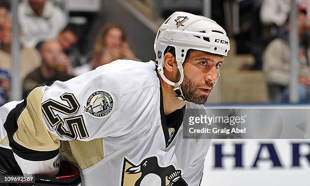 Maxime Talbot of the Pittsburgh Penguins looks on during a break in game action against the Toronto Maple Leafs February 26, 2011 at the Air Canada...