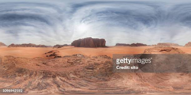 360 panorama from red sand dune, wadi rum, jordan - 360 panoramic stock pictures, royalty-free photos & images