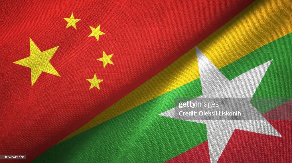 Myanmar and China two flags together textile cloth, fabric texture