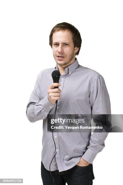 news presenter man with microphone isolated on white background - presenter isolated stock pictures, royalty-free photos & images