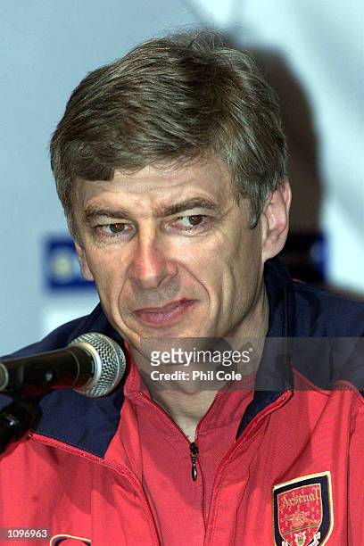 Arsenal Manager Arsene Wenger talks to the media during a press conference before tomorrows UEFA Champions League match between Olympic Lyon and...