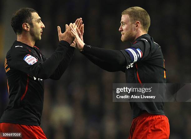 Matt Mills of Reading celebrates with Zurab Khizanishvili after scoring the opening goal during the FA Cup 5th round match sponsored by E.on between...