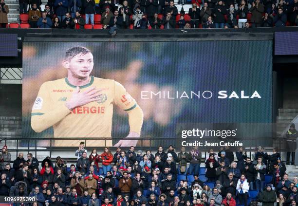 Tribute to Emiliano Sala before the french Ligue 1 match between Paris Saint-Germain and Girondins de Bordeaux at Parc des Princes on February 9,...