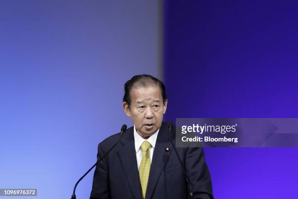 Toshihiro Nikai, secretary general of the Liberal Democratic Party , speaks during the party's annual convention in Tokyo, Japan, on Sunday, Feb. 10,...