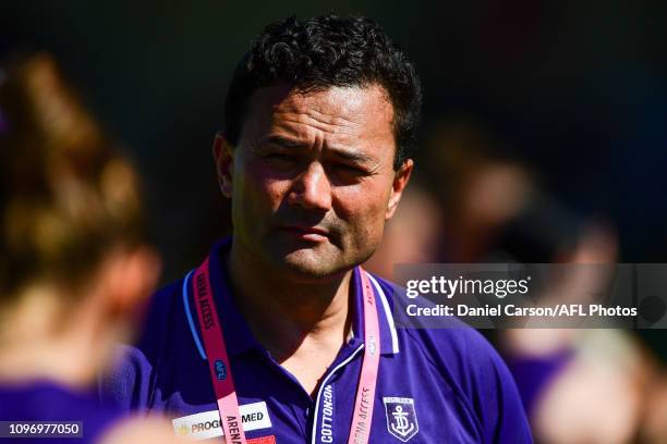 Peter Bell, GM of the Dockers in the team huddle at quarter time during the 2019 NAB AFLW Round 02 match between the Fremantle Dockers and the...