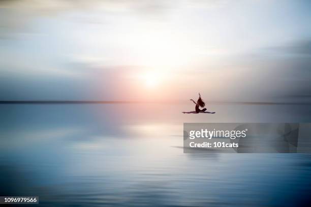 beautiful ballerine jumping and  dancing on the lake in the evening - water horizon stock pictures, royalty-free photos & images