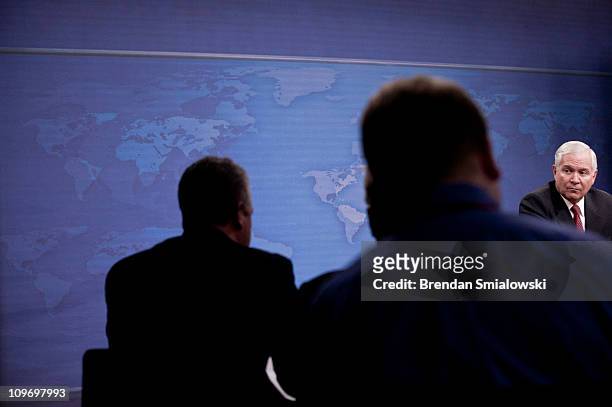 Secretary of Defense Robert M. Gates pauses while speaking during a press briefing at the Pentagon March 1, 2011 in Arlington, Virginia. Secretary of...