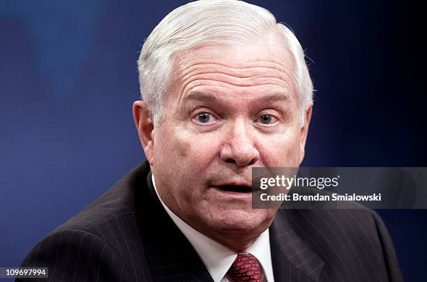 Secretary of Defense Robert M. Gates speaks during a press briefing at the Pentagon March 1, 2011 in Arlington, Virginia. Secretary of Defense Robert...