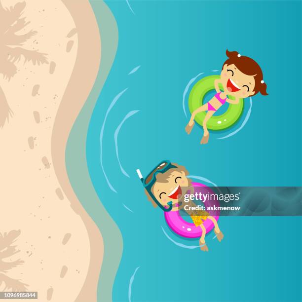 zwei kinder im meer - schwimmer von oben stock-grafiken, -clipart, -cartoons und -symbole