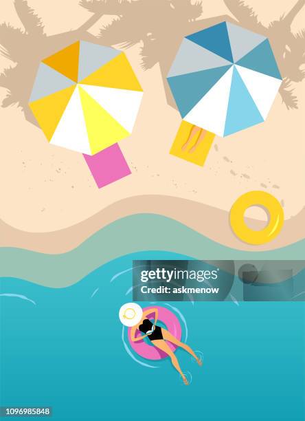ilustrações de stock, clip art, desenhos animados e ícones de women swimming on the inflatable ring - boia