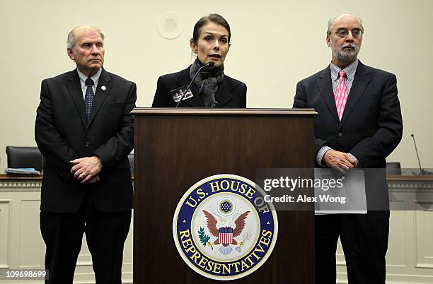 Victoria Cummock , widow of Pan Am 103 victim John Cummock, speaks during a news conference as victim Melina Hudsons father Paul Hudson and U.S....