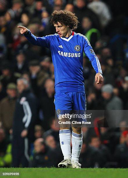 David Luiz of Chelsea celebrates his goal during the Barclays Premier League match between Chelsea and Manchester United at Stamford Bridge on March...