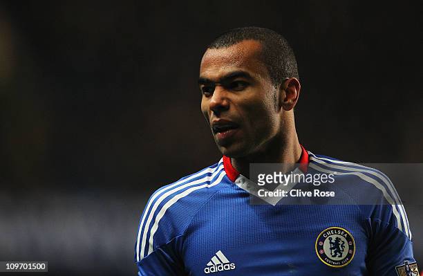 Ashley Cole of Chelsea looks on during the Barclays Premier League match between Chelsea and Manchester United at Stamford Bridge on March 1, 2011 in...