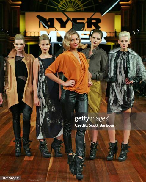 Model Jessica Hart showcases designs by Manning Cartell on the catwalk during the Myer Autumn/Winter Season Launch 2011 Show at The Royal Exhibition...