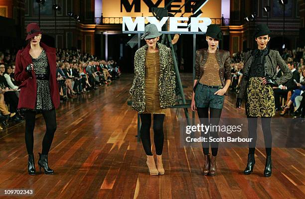 Models showcase designs by Cue on the catwalk during the Myer Autumn/Winter Season Launch 2011 Show at The Royal Exhibition Building on March 1, 2011...