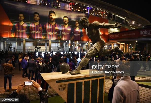 The Laszlo Kubala Stecz statue is seen outside the stadium prior to the La Liga match between FC Barcelona and CD Leganes at Camp Nou on January 20,...