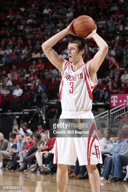 Goran Dragic of the Houston Rockets controls the ball during a game against the New Jersey Nets on February 26, 2011 at the Toyota Center in Houston,...