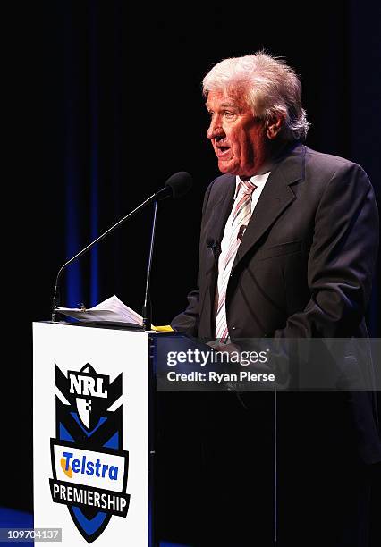 Rugby League Commentator Ray Warren speaks during the 2011 NRL Season Launch at Casula Powerhouse Arts Centre on March 2, 2011 in Sydney, Australia.