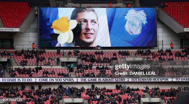 An image of Cardiff's Argentinian striker Emiliano Sala, whose flight disappeared from radar over the English Channel north of Guernsey, is displayed...