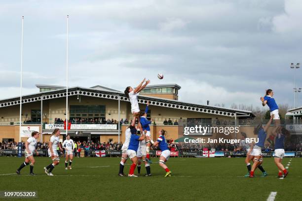 Players compete at a lineout ball during the Women's Six Nations match between England and France at Castle Park, Donnybrook on February 10, 2019 in...