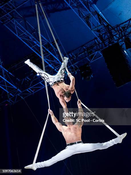 Acrobats perform during the 43rd International Circus Festival of Monte-Carlo on January 20, 2019 in Monaco, Monaco.
