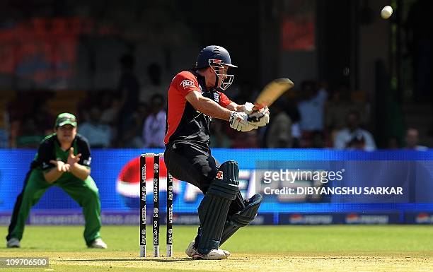 England cricketer Andrew Strauss plays a shot during the ICC Cricket World Cup 2011 match against Ireland at the M. Chinnaswamy Stadium in Bangalore...