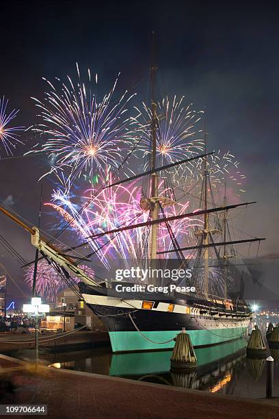 uss constellation with fireworks - uss constellation stock pictures, royalty-free photos & images
