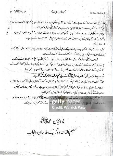 Digital scan of a pamphlet reportedly left at the scene of Pakistan's Minorities Minister, Shahbaz Bhatti's assassination on March 2, 2011 in...