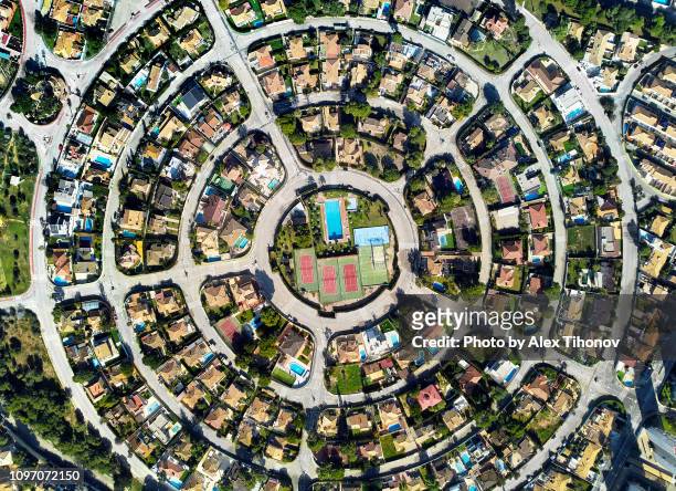 aerial photo round shape residential district of campoamor. spain - establishing shot stock pictures, royalty-free photos & images