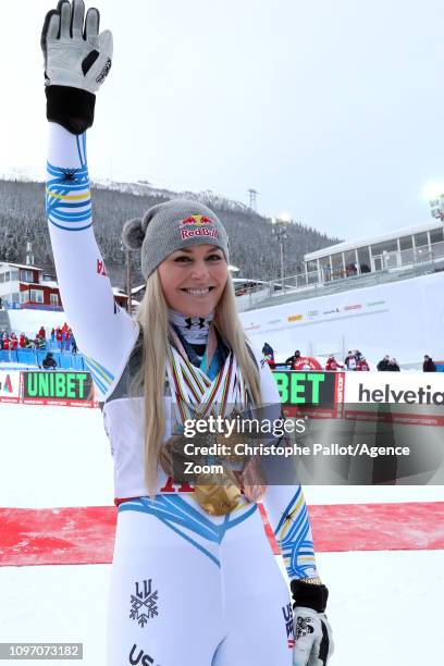 Lindsey Vonn of USA celebrates during the FIS World Ski Championships Women's Downhill on February 10, 2019 in Are Sweden.